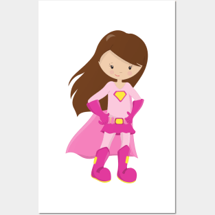 Superhero Girl, Brown Hair, Cute Girl, Pink Cape Posters and Art